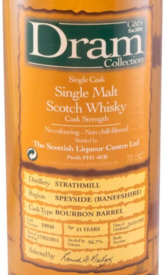 1992 Dram Collection The Scottish Liqueur Centre Strathmill 21 anos (engarrafado em 2014)