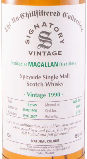 1990 Signatory Vintage Macallan Cask 16306 The Un-Chillfiltered Collection 16 anos (engarrafado em 2007)