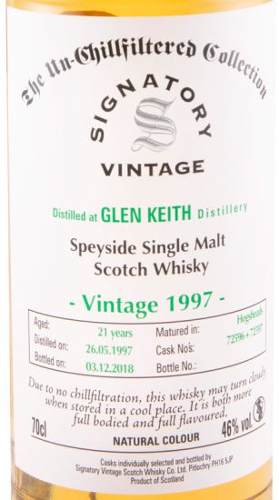 1997 Signatory Vintage Glen Keith The Un-Chillfiltered Collection 21 anos (engarrafado em 2018)