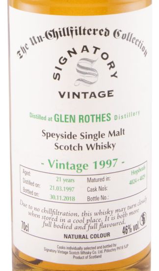 1997 Signatory Vintage Glenrothes The Un-Chillfiltered Collection 21 anos (engarrafado em 2018)