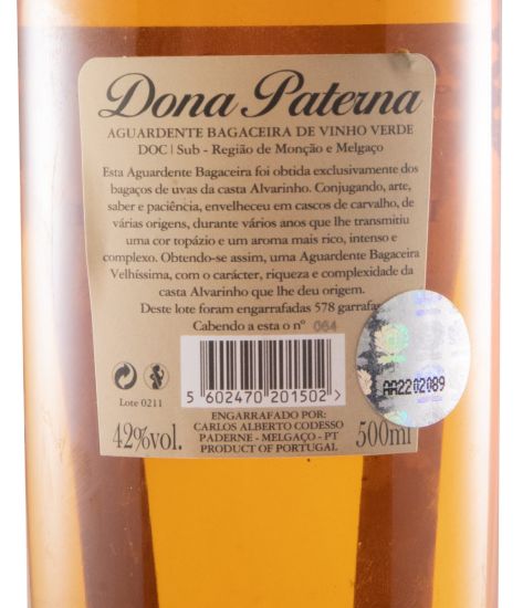 Aguardente Bagaceira Dona Paterna Velhíssima 50cl