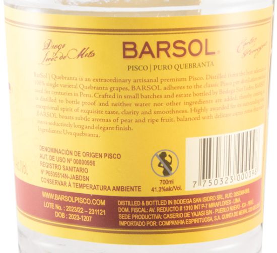 Aguardente Pisco Barsol Quebranta