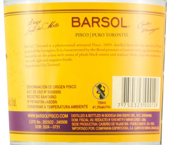 Spirit Pisco Barsol Puro Torontel