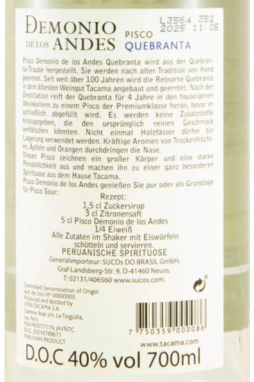 Aguardente Pisco Demonio de Los Andes Quebranta