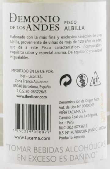Aguardente Pisco Demonio de los Andes Albilla