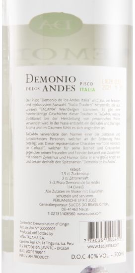 Aguardente Pisco Demonio de los Andes Italia