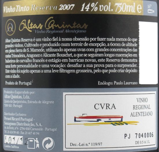 2007 Altas Quintas Reserva tinto