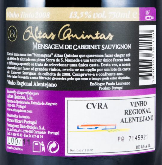 2008 Altas Quintas Mensagem Cabernet Sauvignon red