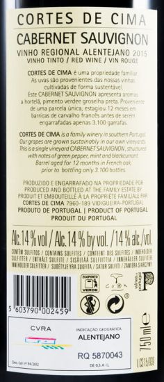 2015 Cortes de Cima Cabernet Sauvignon red