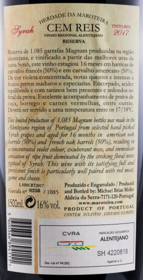 2017 Herdade da Maroteira Cem Reis Syrah Reserva tinto 1,5L