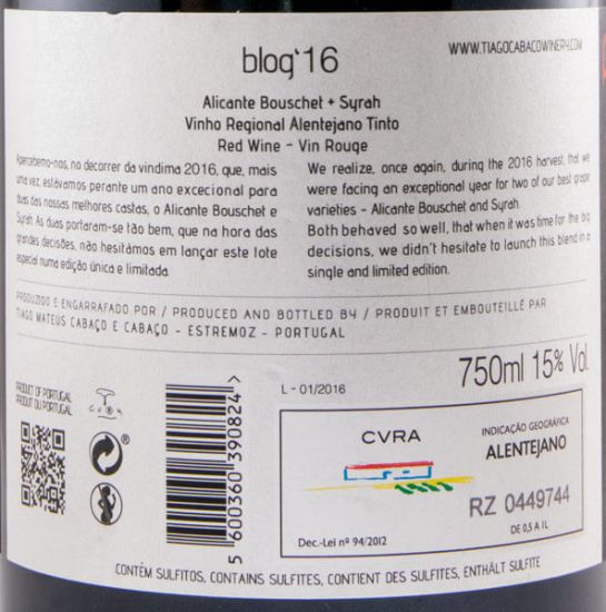 2016 Blog by Tiago Cabaço Alicante Bouschet + Syrah tinto