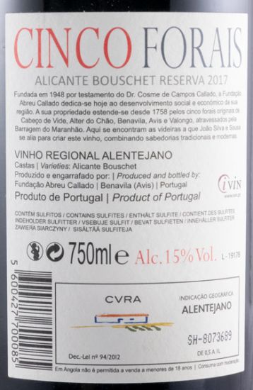 2017 Cinco Forais Alicante Bouschet Reserva tinto