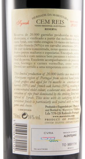 2020 Herdade da Maroteira Cem Reis Syrah Reserva tinto