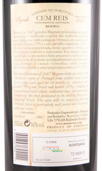 2021 Herdade da Maroteira Cem Reis Syrah Reserva tinto 1,5L