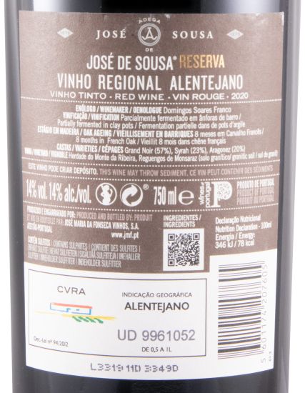 2020 José Maria da Fonseca José de Sousa Reserva tinto (rótulo danificado)