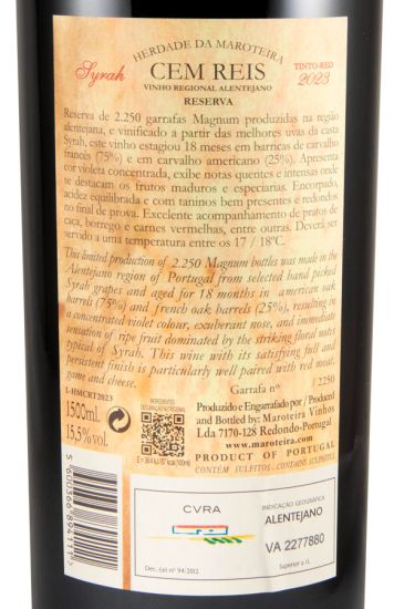 2023 Herdade da Maroteira Cem Reis Syrah Reserva tinto 1,5L