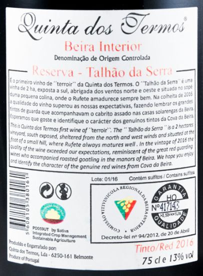 2016 Quinta dos Termos Talhão da Serra Rufete Reserva tinto
