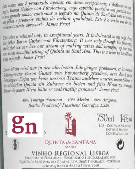 2010 Quinta de Sant'Ana Homenagem Baron Furstenberg Tinto