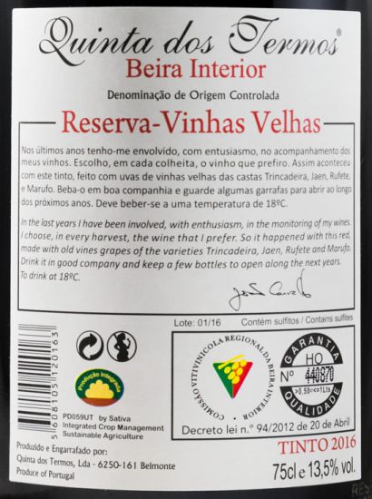 2016 Quinta dos Termos Vinhas Velhas Reserva tinto