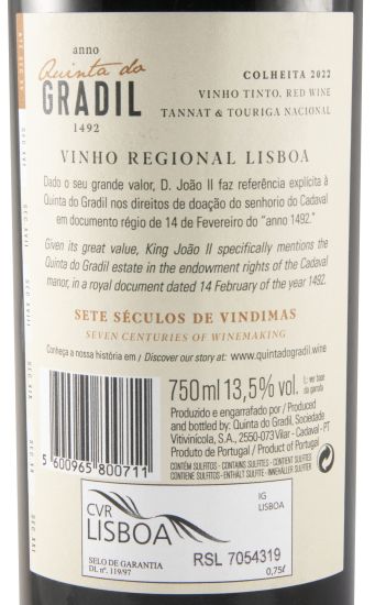 2022 Quinta do Gradil 1492 Tannat & Touriga Nacional tinto (rótulo danificado)