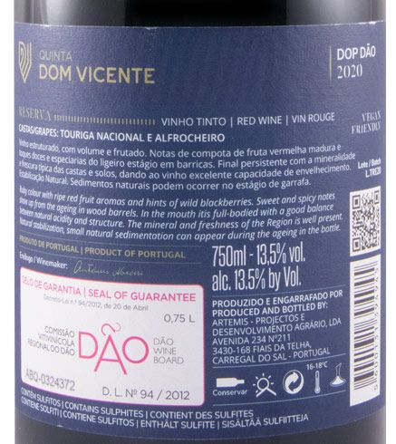 2020 Quinta Dom Vicente Touriga Nacional & Alfrocheiro Reserva red