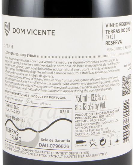 2021 Dom Vicente Syrah Reserva tinto