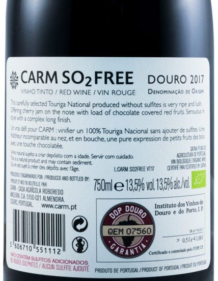2017 CARM Touriga Nacional organic red (no added sulphites)