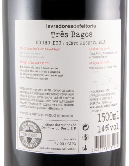 2018 Lavradores de Feitoria Três Bagos Reserva tinto 1,5L