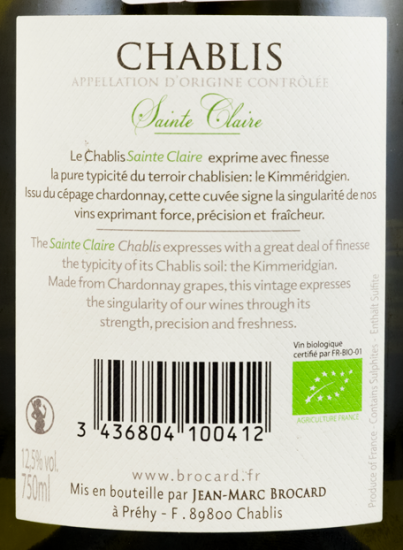 2014 Domaine Jean-Marc Brocard Sainte Claire Chablis biológico branco