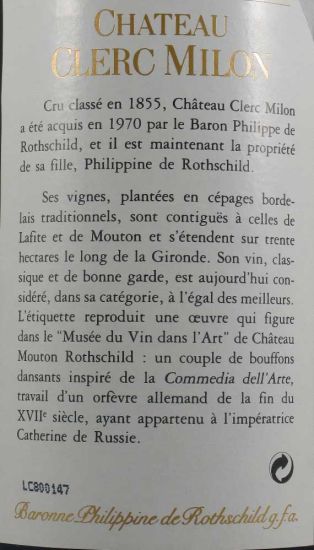 1996 Baron Philippe De Rothschild Château Clerc Milon tinto