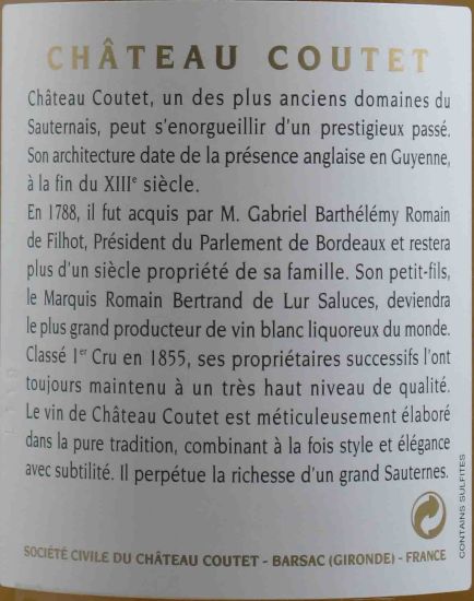 2005 Château Coutet 1er Cru Sauternes branco