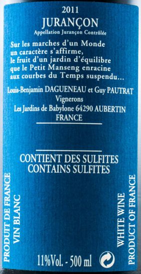 2011 Loius-Benjamin Dagueneau & Guy Pautrat Les Jardins de Babylone Jurançon branco 50cl