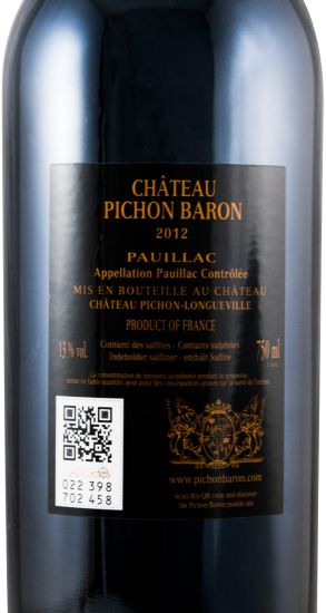 2012 Château Pichon Baron au Baron de Pichon-Longueville Pauillac tinto