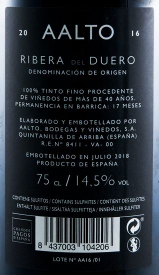 2016 Bodegas Aalto Ribera del Duero tinto