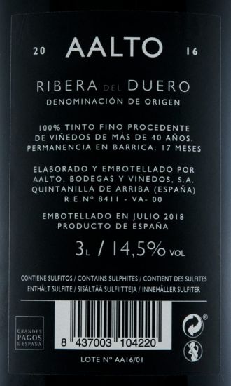 2016 Bodegas Aalto Ribera del Duero tinto 3L