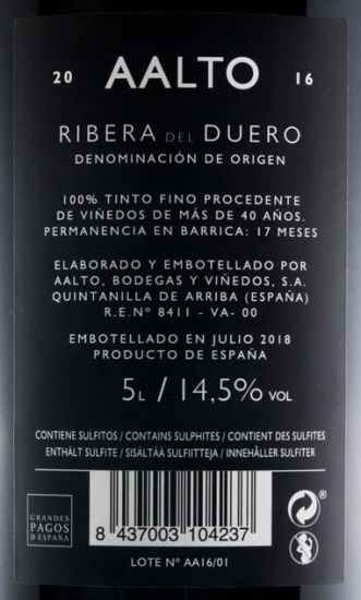 2016 Bodegas Aalto Ribera del Duero tinto 5L