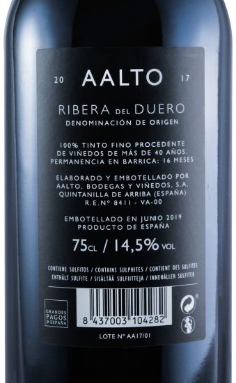 2017 Bodegas Aalto Ribera del Duero tinto