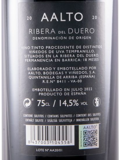 2020 Bodegas Aalto Ribera del Duero tinto