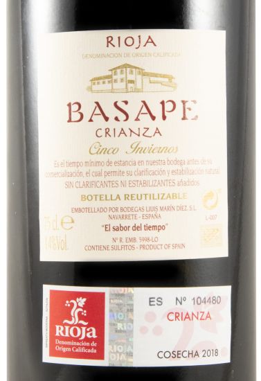 2018 Basape Cinco Inviernos Crianza Rioja red