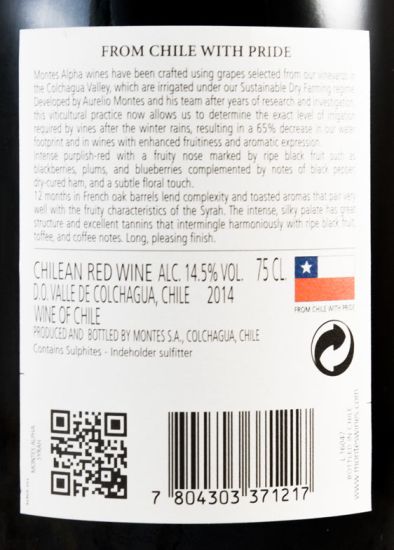 2014 Montes Alpha Syrah Valle de Colchagua red