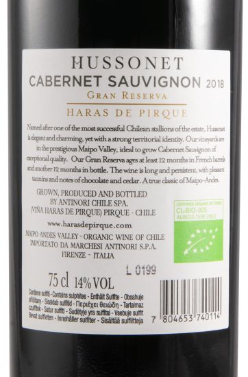 2018 Viña Haras de Pirque Hussonet Cabernet Sauvignon Gran Reserva Vale del Maipo organic red