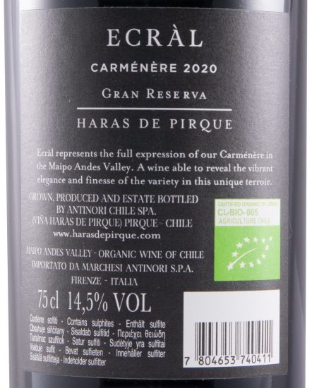 2020 Viña Haras de Pirque Ecràl Carménère Gran Reserva Vale del Maipo biológico tinto