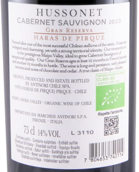2020 Viña Haras de Pirque Hussonet Cabernet Sauvignon Gran Reserva Vale del Maipo organic red