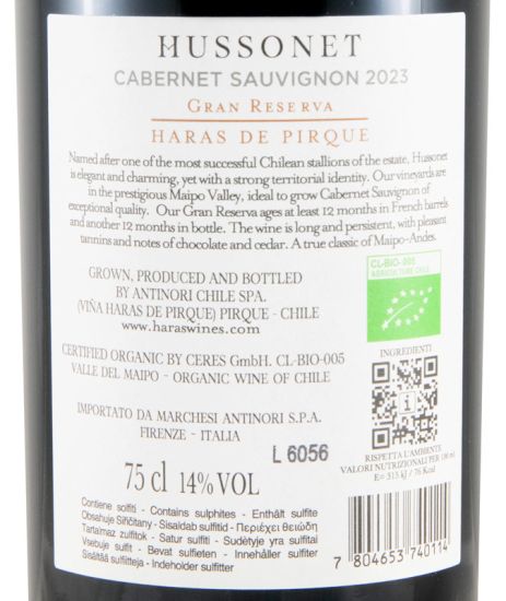 2023 Viña Haras de Pirque Hussonet Cabernet Sauvignon Gran Reserva Vale del Maipo organic red