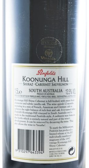 1997 Penfolds Koonunga Hill Shiraz & Cabernet Sauvignon Barossa Valley tinto 1,5L