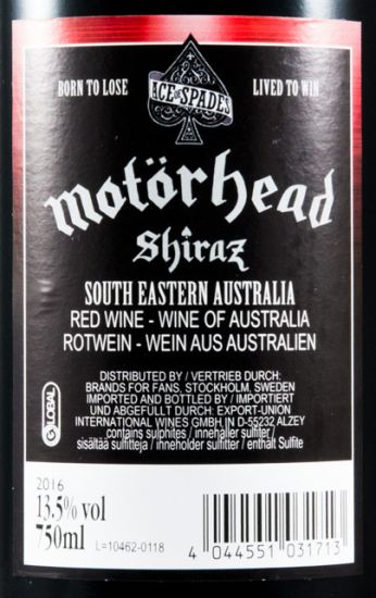 2016 Motörhead Shiraz Hunter Valley red