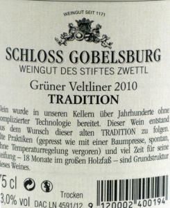 2010 Schloss Gobelsburg Tradition Grüner Veltliner branco