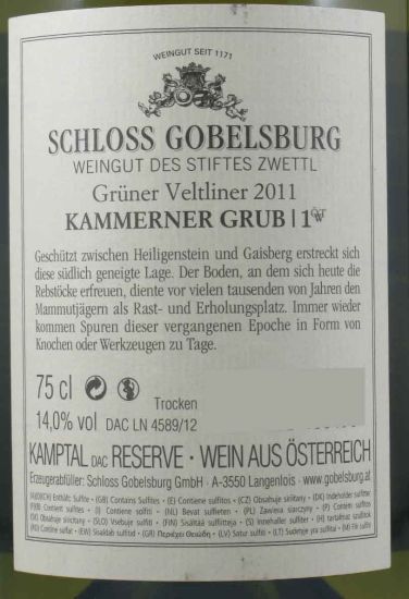 2011 Schloss Gobelsburg Kammerner Grub Erste Lage Grüner Veltliner branco