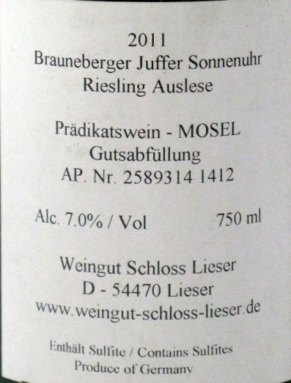 2011 Brauneberger Juffer Sonnenuhr Long Goldkapsel Auslese Riesling Schloss Lieser branco