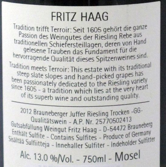 2012 Fritz Haag Brauneberger Juffer Riesling Trocken GG branco